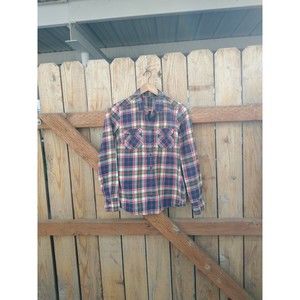 Eddie Bauer Flannel Shirt Womens Small Blue Pink Green Plaid Long Sleeve Cotton